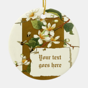 Vintage teckning av vita blommor julgransprydnad keramik