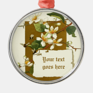 Vintage teckning av vita blommor julgransprydnad metall