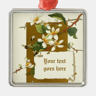 Vintage teckning av vita blommor julgransprydnad metall