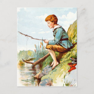 Vintage Teckning: Boy Fishing i en flod Vykort