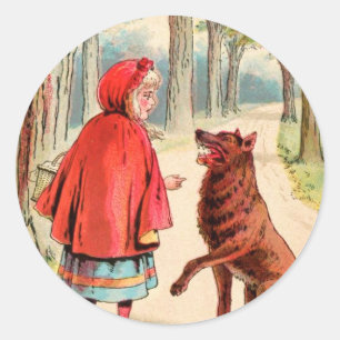 Vintage Teckning: Huvan Red Riding och Vargen Runt Klistermärke