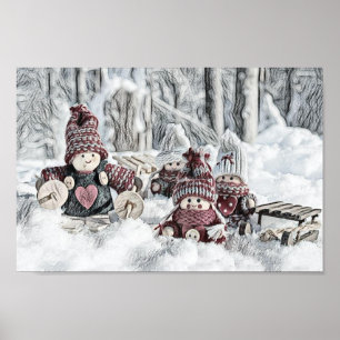 Vintage Teckning i Gnomes i Snö Poster