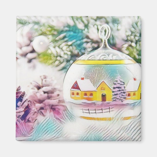 Vintage Teckning Julgran Rosa Dekoration Magnet (Framsidan)