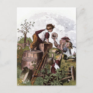 Vintage Teckning:  Spelande barn Vykort