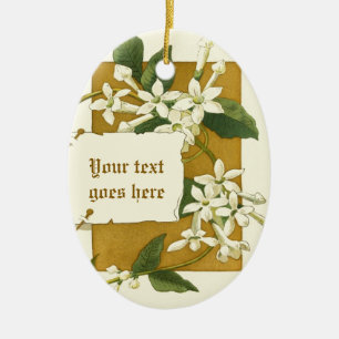 Vintage teckning, vit jasminornament julgransprydnad keramik