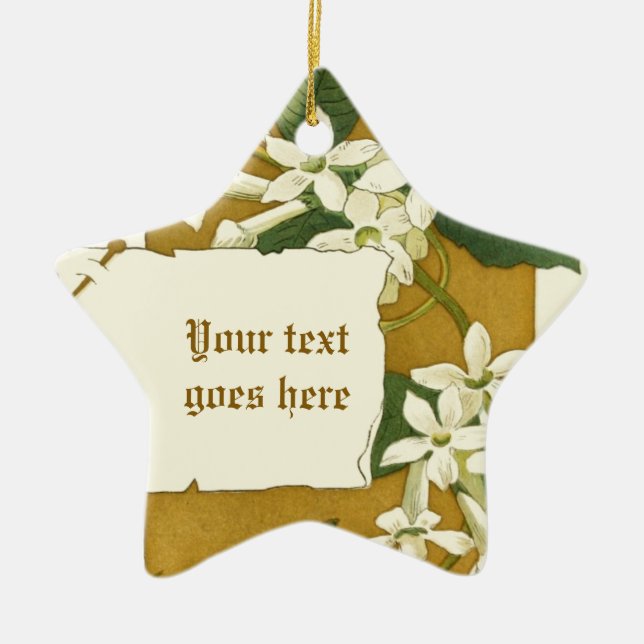 Vintage teckning, vit jasminornament julgransprydnad keramik (Framsidan)