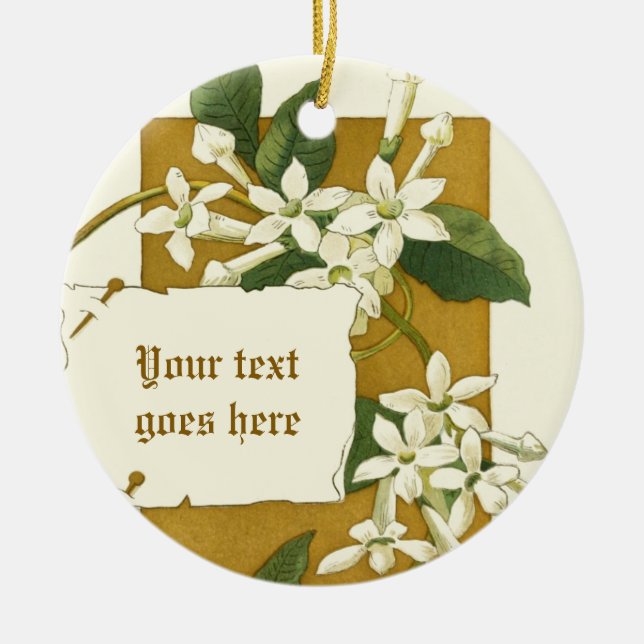 Vintage teckning, vit jasminornament julgransprydnad keramik (Framsidan)