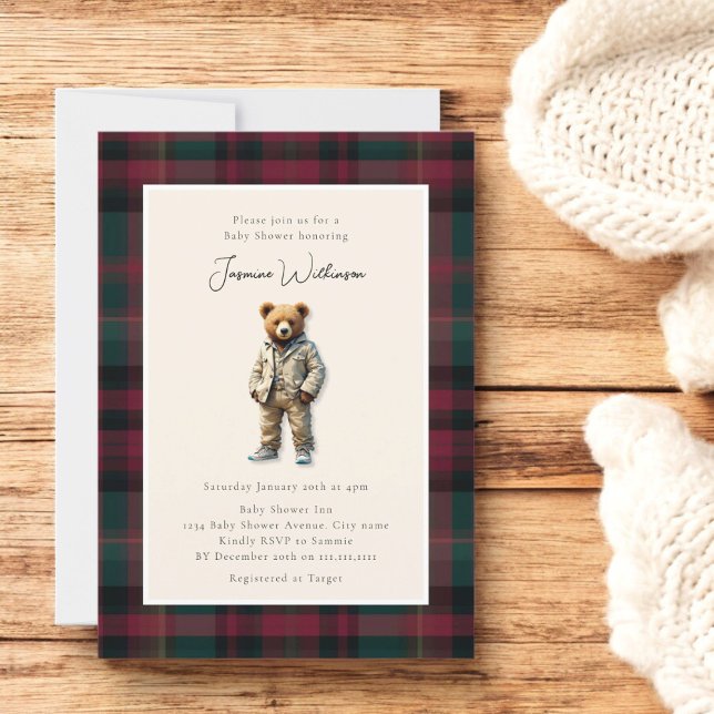 Vintage Teddy Baby Shower Inbjudningar (vintage teddy bear baby shower invitation, modern simple elegant tartan plaid )