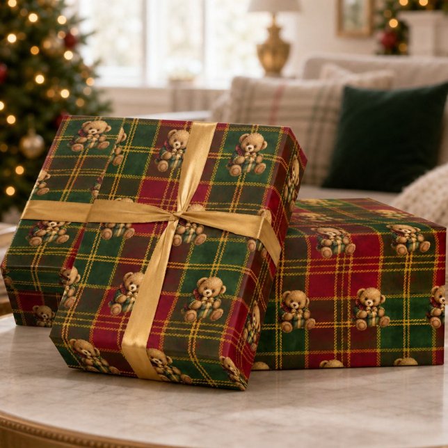 Vintage Teddy Bear Tartan-rutigt julpapper  (Vintage Teddy Bear Tartan Plaid Christmas Wrapping Paper)