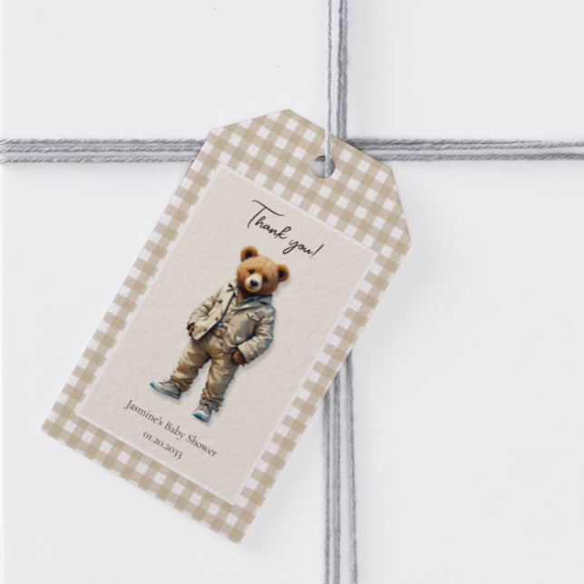 Vintage Teddy neutralt Baby Shower Presentetikett (cute vintage teddy baby shower gift tag in neutral colors , vintage modern)