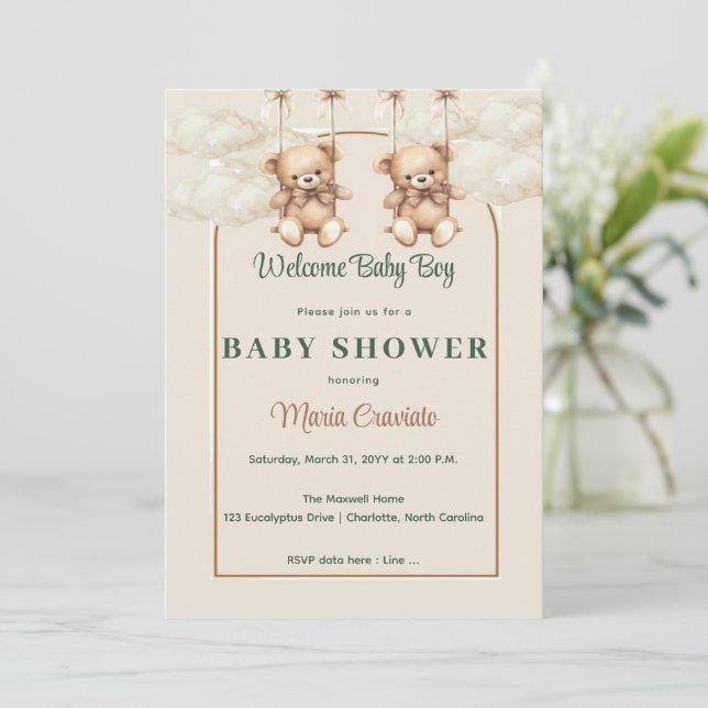 Vintage Teddybjörn Bebis Shower Inbjudan (Stående Fram)