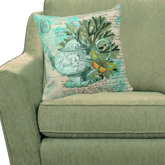 Vintage tekanna & efemär collage kudde (Skapare uppladdad)