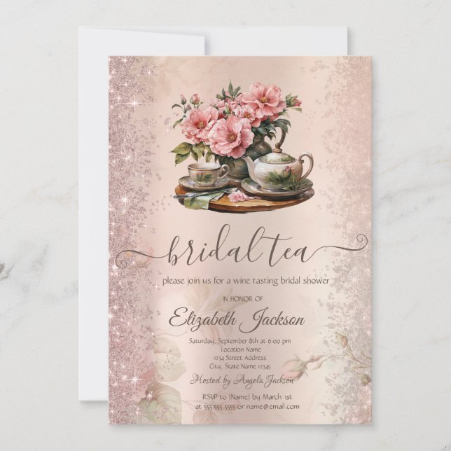 Vintage Tekanna Flowers Glitter Gnistra Inbjudningar (Framsida)