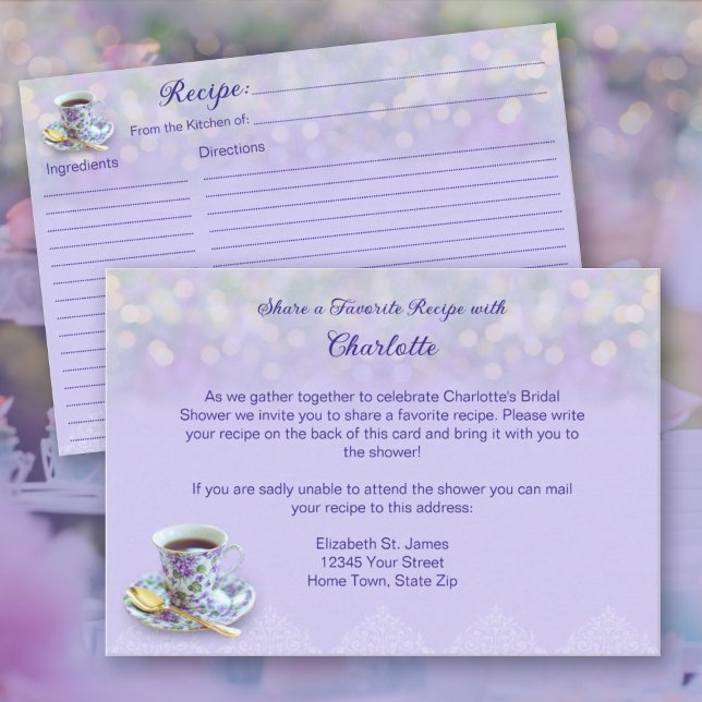 Vintage Tekannsfest Bröllopsdusch Lavendel Recept Tilläggskort (Vintage Tea Party Bridal Shower Lavender Recipe Enclosure Card)
