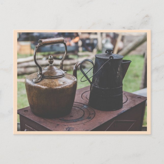 Vintage tekokare på gamla spisar vykort (Framsida)