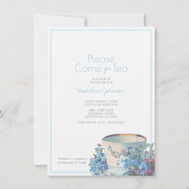 vintage tekopp BABY SHOWER elegant blue Inbjudningar (Framsida)