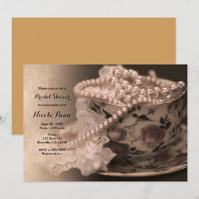 Vintage tekopp & pärlor bröllopsdusch inbjudan (Fram/baksida)