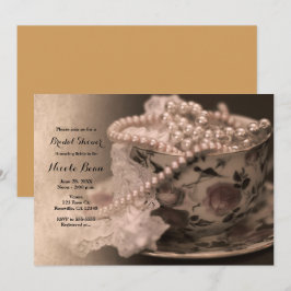 Vintage tekopp & pärlor bröllopsdusch inbjudan