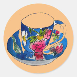 Vintage Tekopp vattenfärgsillustration i original Runt Klistermärke