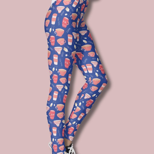 Vintage tekoppar fersken och blå mönster leggings (Vintage peach teacup pattern blue leggings)