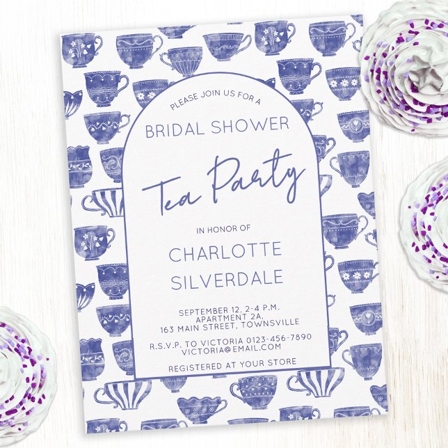 Vintage Tekopps Vattenfärg Tea Party Bröllopsdusch Vykort (Antique vintage teacup watercolor blue pattern tea party bridal shower invitation postcard)