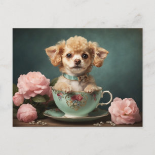 Vintage Tekoppsvalp med Rosor Whimsical Charm Helg Vykort