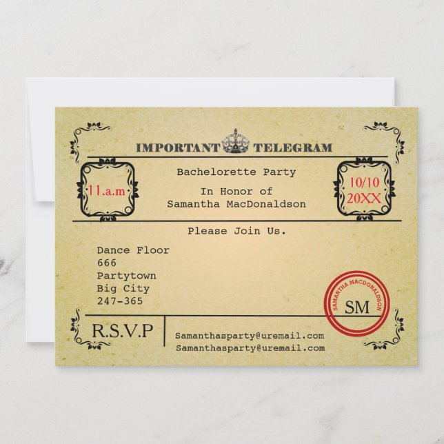 Vintage telegram bachelorette inbjudningar (Framsida)