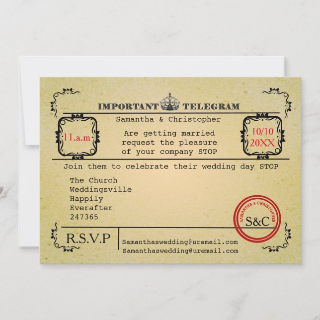 Vintage telegram bröllop inbjudningar (Framsida)
