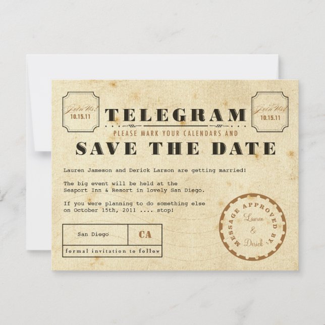 Vintage Telegram Spara datum Datumet (Framsida)