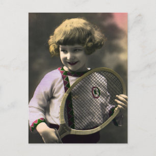 Vintage Tennis Sports, Lycklig Girl with Racket Vykort
