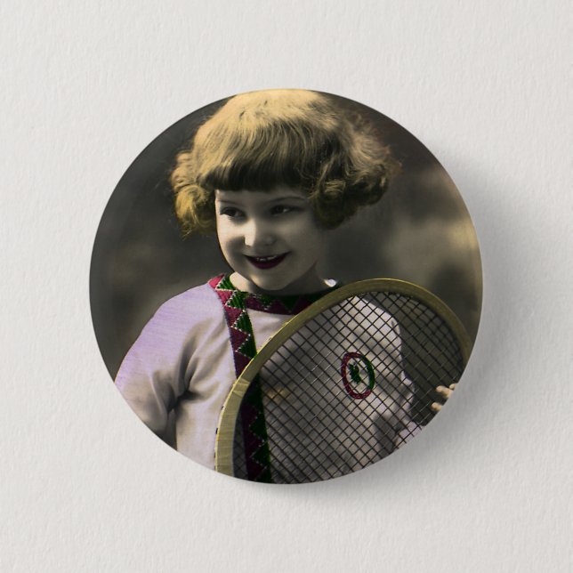 Vintage tennissport, lycklig flicka med racket knapp (Framsida)