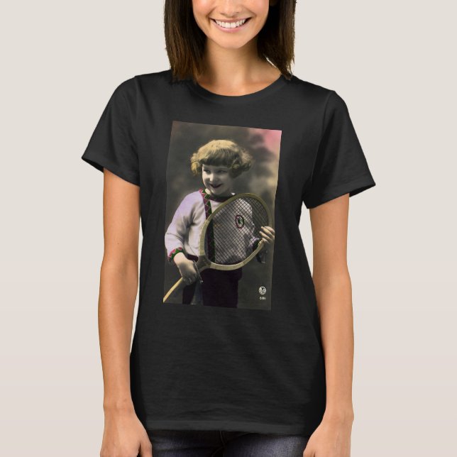 Vintage tennissport, lycklig flicka med racket tee (Framsida)