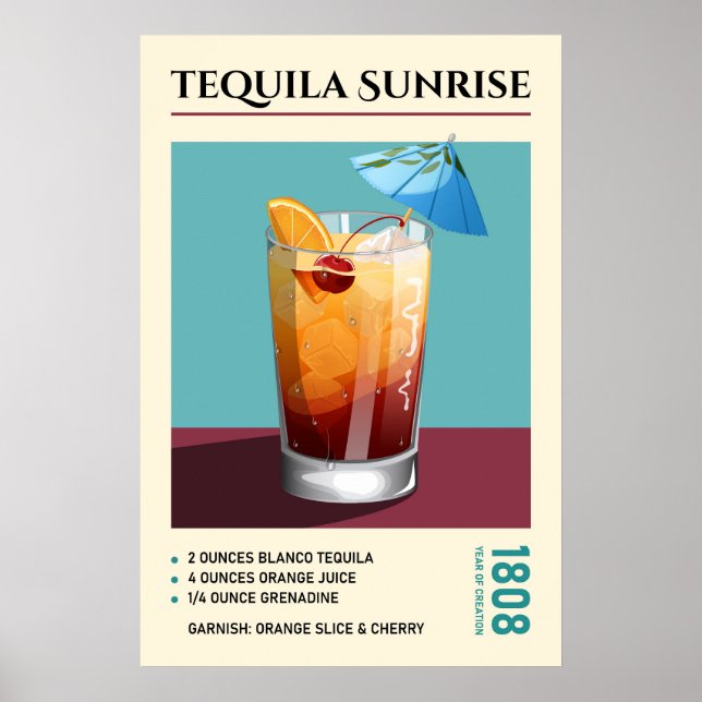 Vintage Tequila Sunrise Cocktail Recipe Artwork Poster (Framsidan)