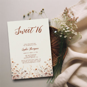 Vintage Terrakotta Vilda Blommor Akvarell Sweet 16 Inbjudningar