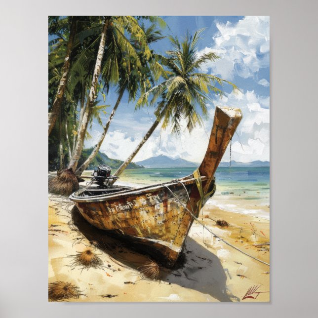 Vintage Thai Longtail Boat Beached i Sand Poster (Framsidan)
