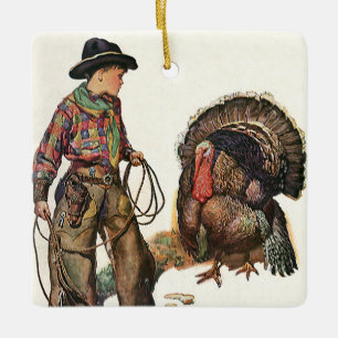 Vintage Thanksgiving, cowboy fångar en kalkon Julgransprydnad Keramik