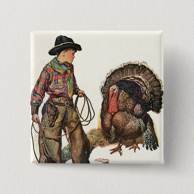 Vintage Thanksgiving, Cowboyen Fånga Turkiet Knapp (Framsida)