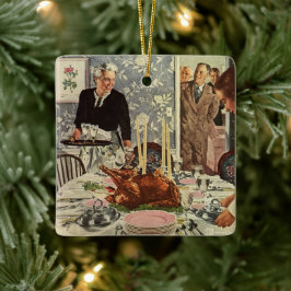 Vintage Thanksgiving Dag Turkiet Middag med familj Julgransprydnad Keramik