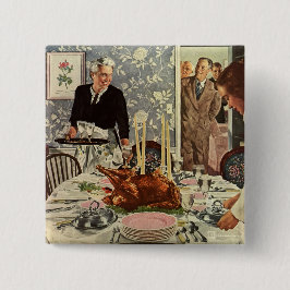 Vintage Thanksgiving Dag Turkiet Middag med familj Knapp