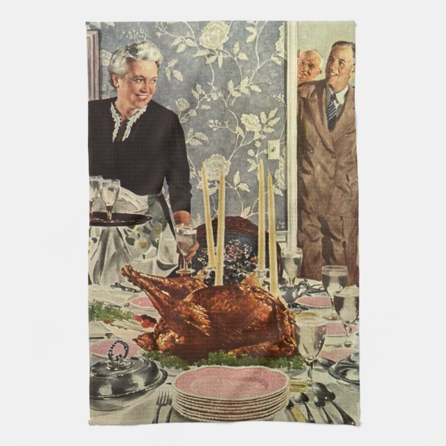 Vintage Thanksgiving Dag Turkiet Middag med familj Kökshandduk (Vertikal)