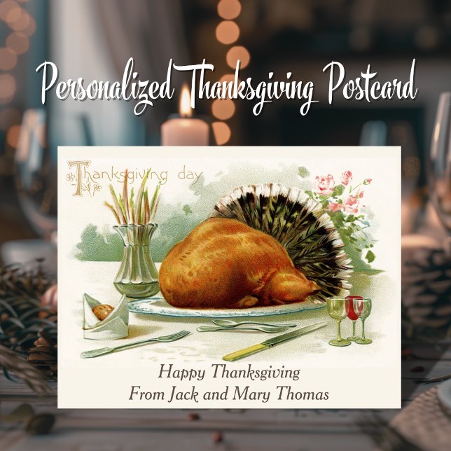 Vintage Thanksgiving Day Turk middag Anpassad Vykort (Vintage Thanksgiving Day Turkey Dinner Custom Postcard. Just add your names!)