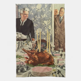 Vintage Thanksgiving Day Turkkyll middag med famil Kökshandduk