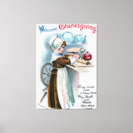 Vintage Thanksgiving Hälsning med Pilgrim Girl Ba Canvastryck