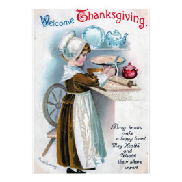 Vintage Thanksgiving Hälsning med Pilgrim Girl Ba Fototryck