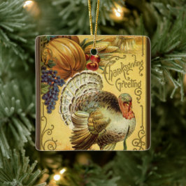 Vintage Thanksgiving Hälsning med Turkiet Julgransprydnad Keramik
