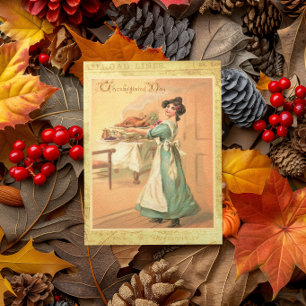 Vintage Thanksgiving-kvinna som bär kalkon-kort Kort