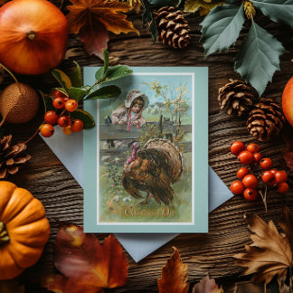 Vintage Thanksgiving Liten flicka och kalkon Kort