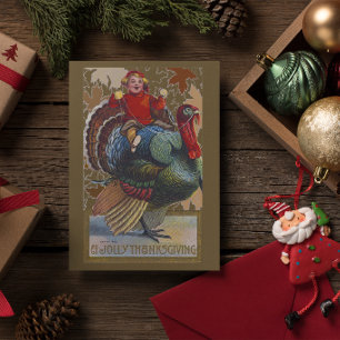 Vintage Thanksgiving liten pojke ridande kalkon Kort