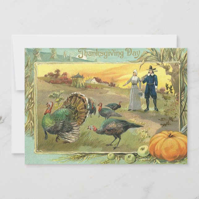Vintage Thanksgiving med kalkoner och pilgrimer Julkort (Framsida)
