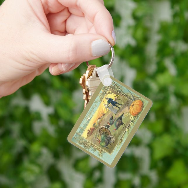 Vintage Thanksgiving med kalkoner och pilgrimer Nyckelring (Hand)